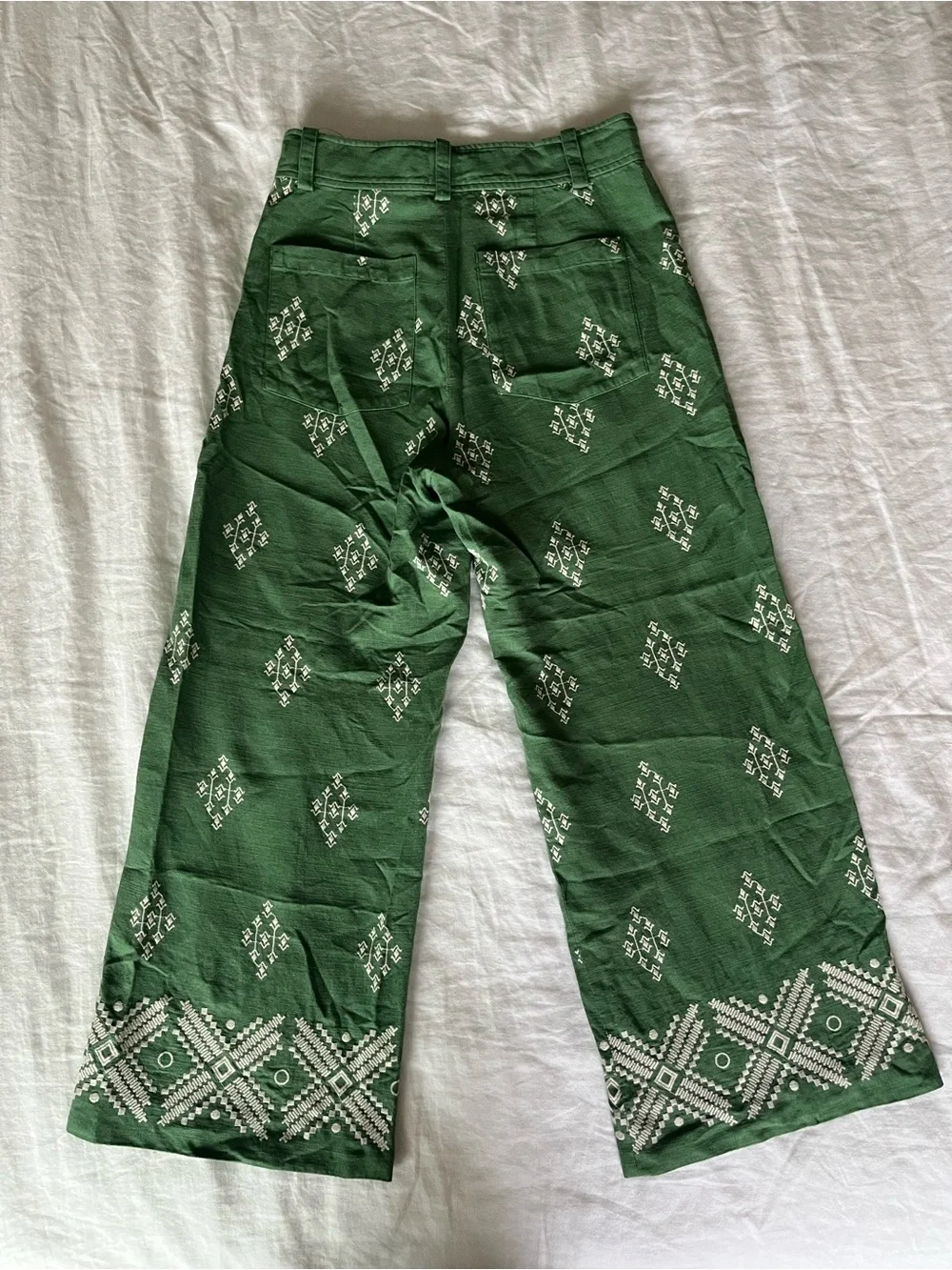 Zara green embroidered linen blend wide-leg cropped trousers S